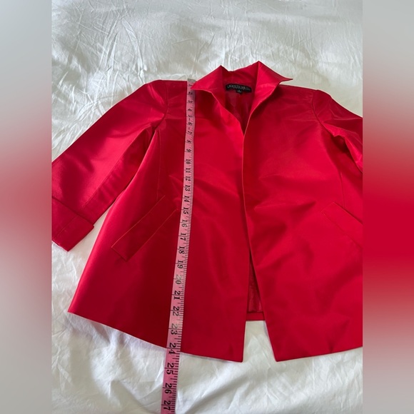 Lafayette 148 | SZ 6 Petite Red 100% Silk Blazer Jacket | Open Front 3/4 Sleeve - Picture 2 of 10